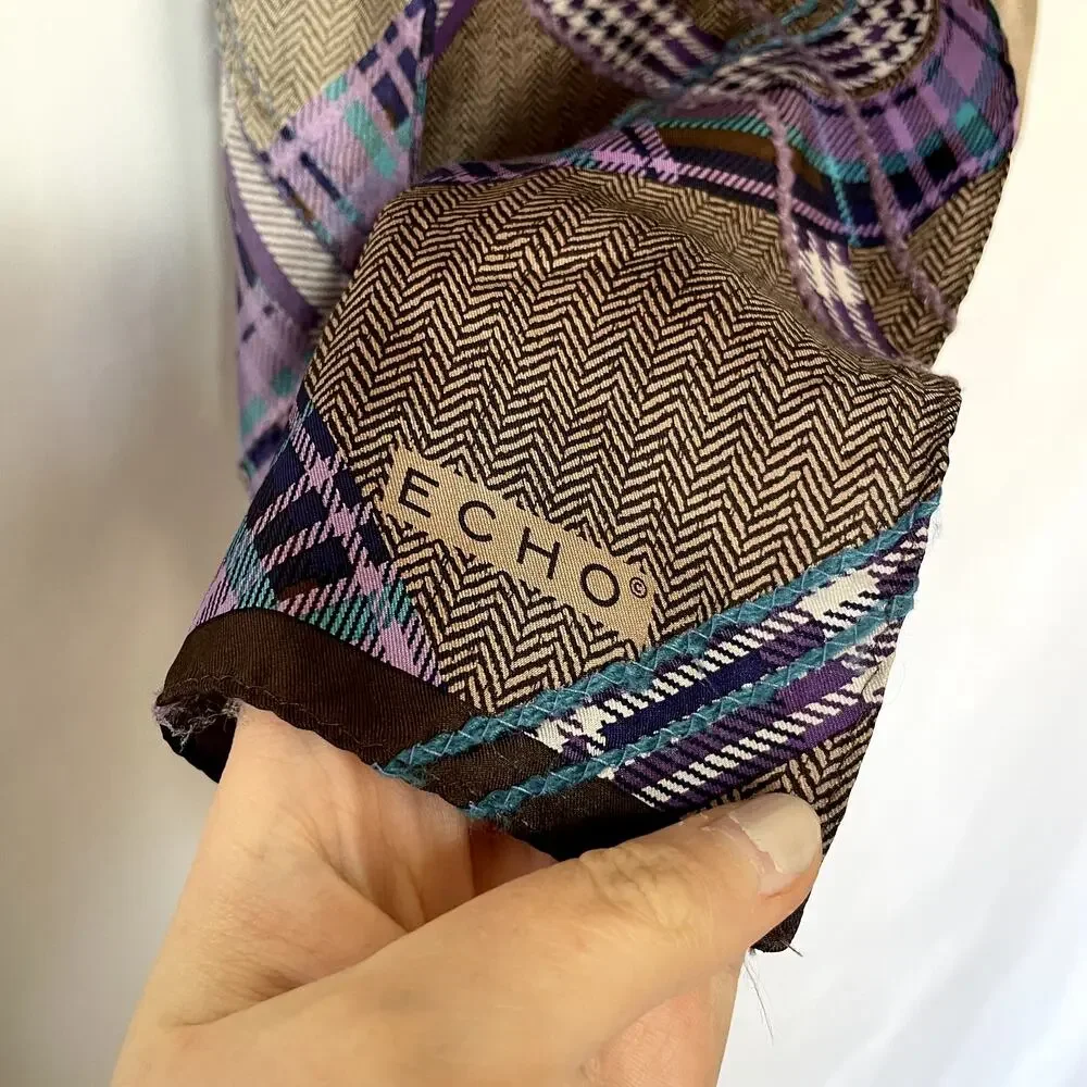 Echo brown blue purple checkered vintage herringbone scarf lightweight‎